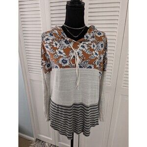 Truself Hooded T-Shirt Women's S Gray Caramel Colorblock Striped Floral Top Cozy